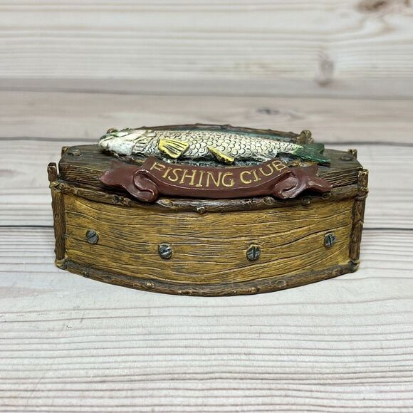 Vintage Trinket Box Welcome to Lake Front Fishing Club Accessory Container Wood - Picture 4 of 15